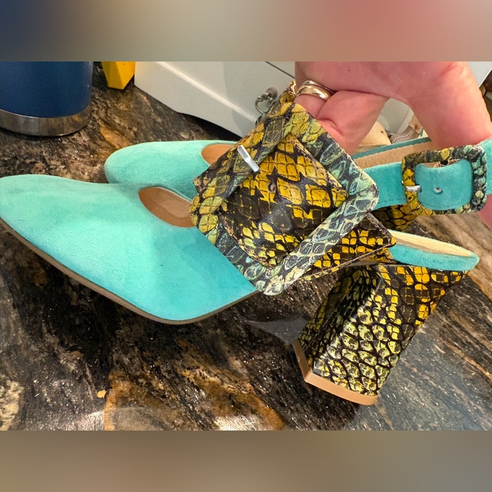 Girotti Heels Block Heel Snakeskin 🐍 Buckle Mary Jane Tiffany Blue 🩵 Aquamarine